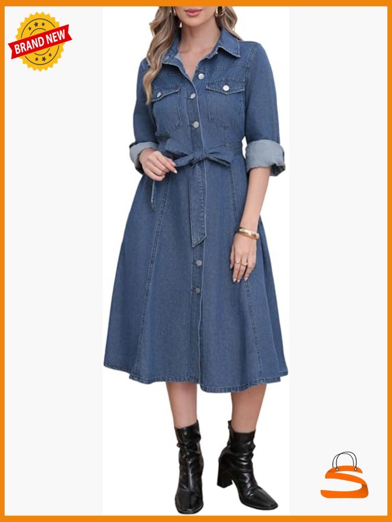 Casual Midi Denim Dress With Belt Pockets